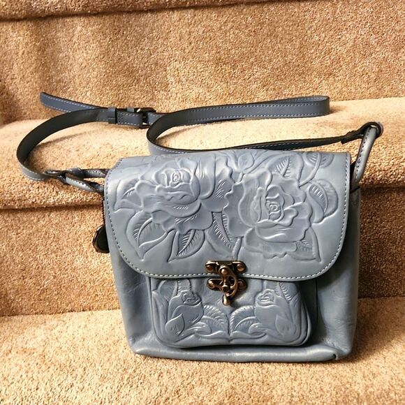 Patricia Nash Handbags - Patricia Nash "Leandra" Blue Tooled Leather Crossbody Bag w/ Embossed Flowers